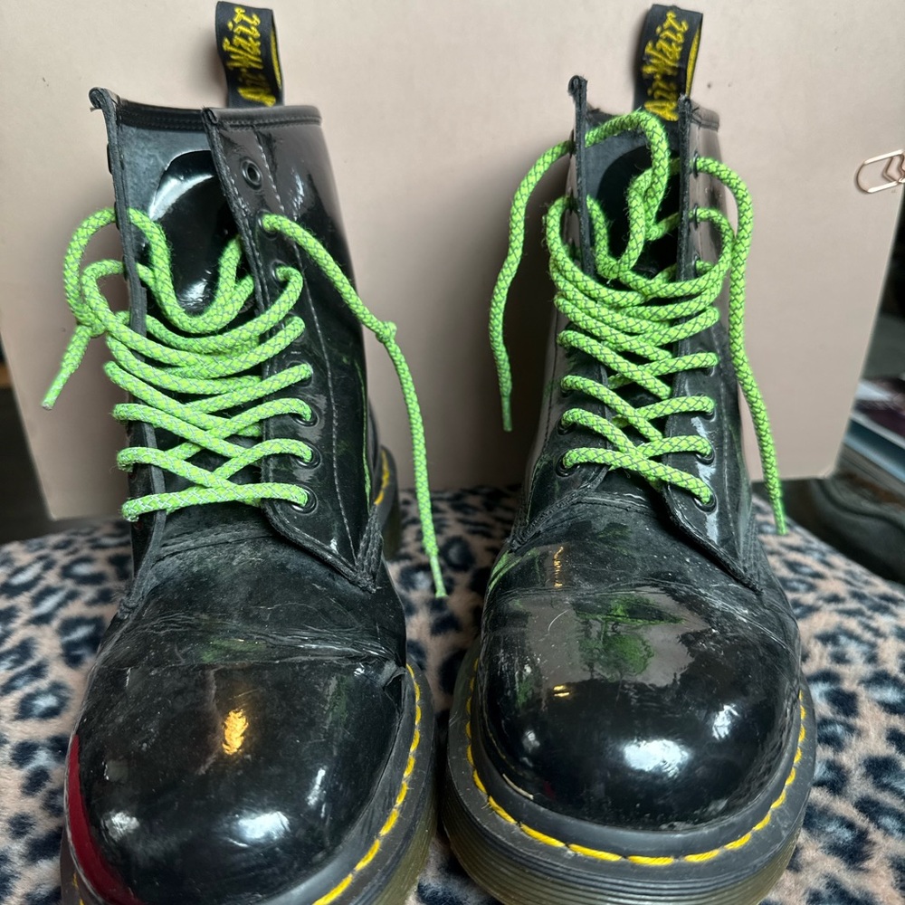 Dr. Martens Black Patent Boots with Neon Green Laces